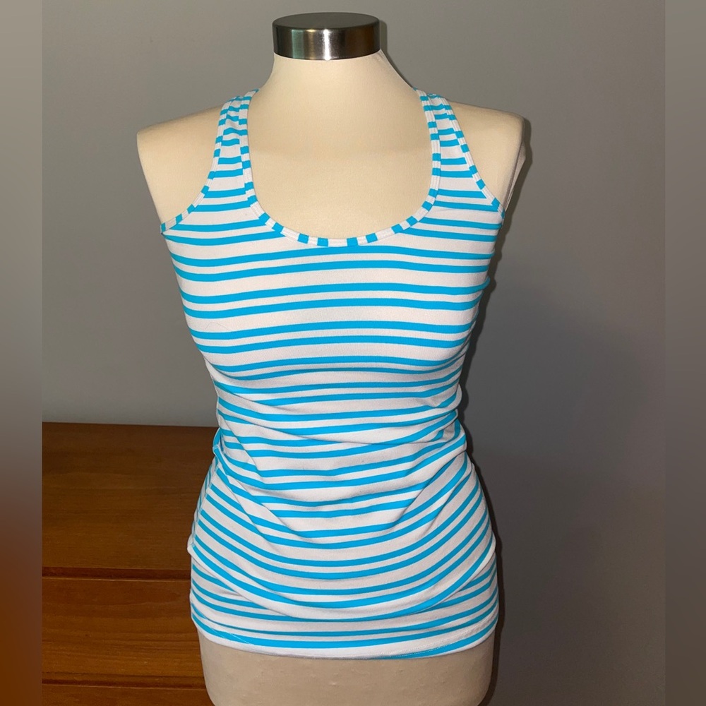 Lululemon Athletica blue and white striped racerback tank top